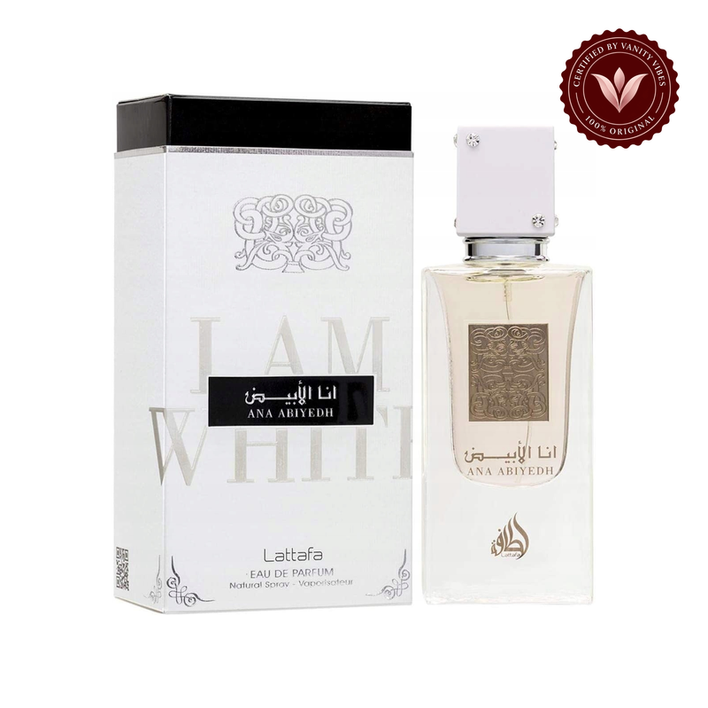 Lattafa Ana Abiyedh Eau de Parfum 60ml - Long Lasting Fresh Unisex Fragrance for Men & Women — product and packaging on white