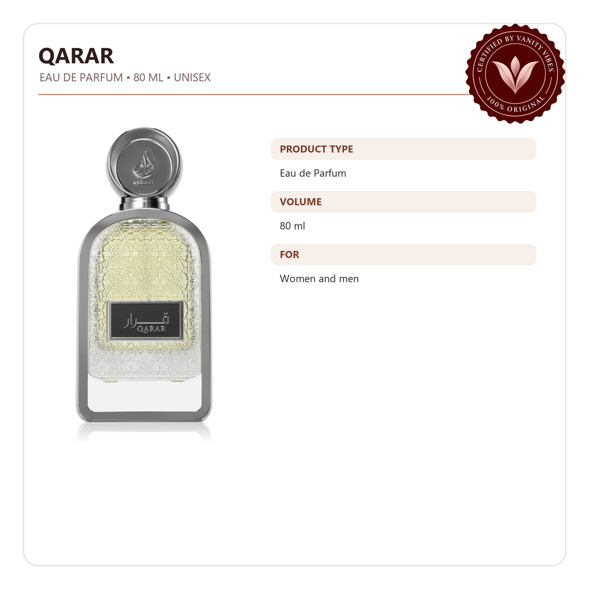 Lattafa Asdaaf Qarar Eau de Parfum 80ml - Long Lasting Original Elegant Unisex Fragrance for Men & Women — product details