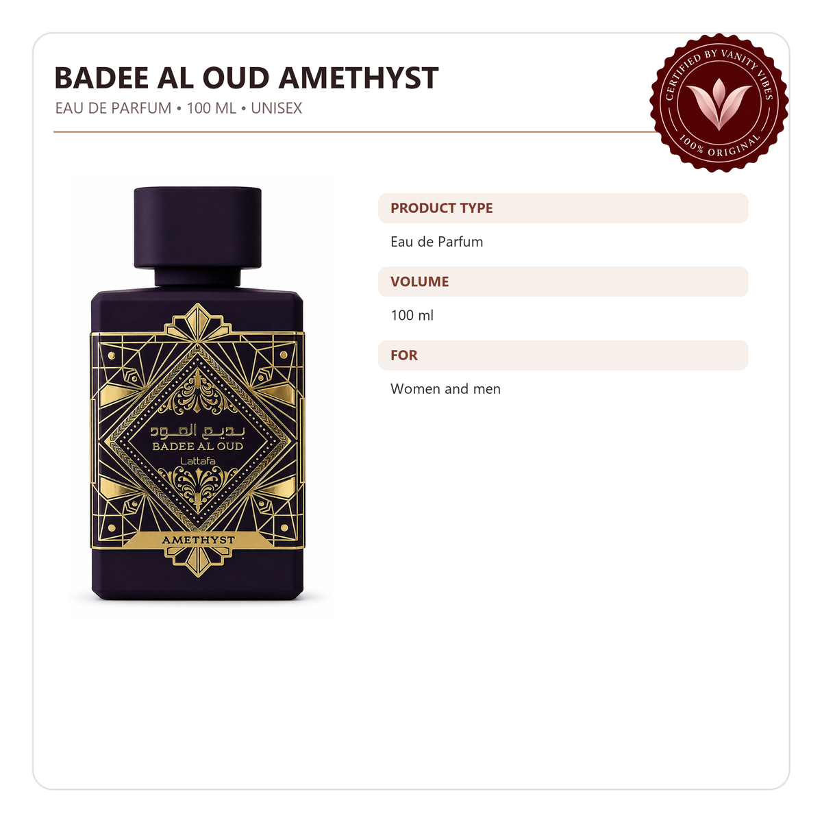 Lattafa Badee Al Oud Amethyst Purple Eau de Parfum For Women And Men 100ml — product details