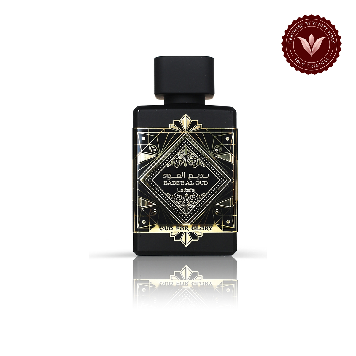 Lattafa Badee Al Oud Oud for Glory Black Eau De Parfum Perfume — packaging and product image with Vanity Vibes badge