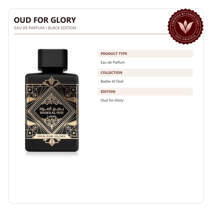 Lattafa Badee Al Oud Oud for Glory Black Eau De Parfum Perfume — product information image with Vanity Vibes badge