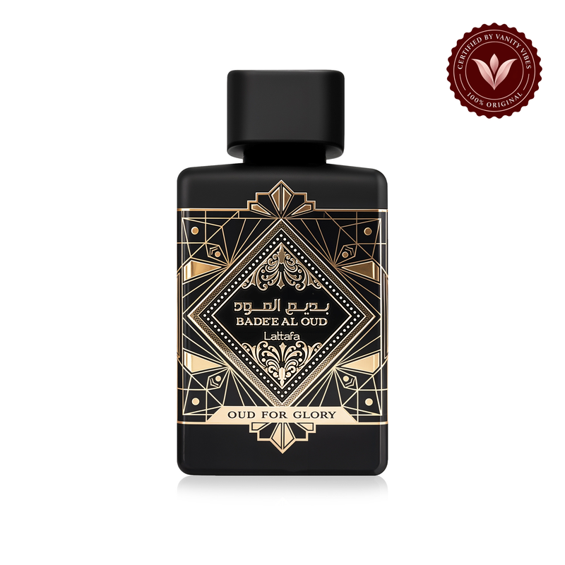 Lattafa Badee Al Oud Oud for Glory Black Eau De Parfum Perfume — front product on white with Vanity Vibes authenticity badge