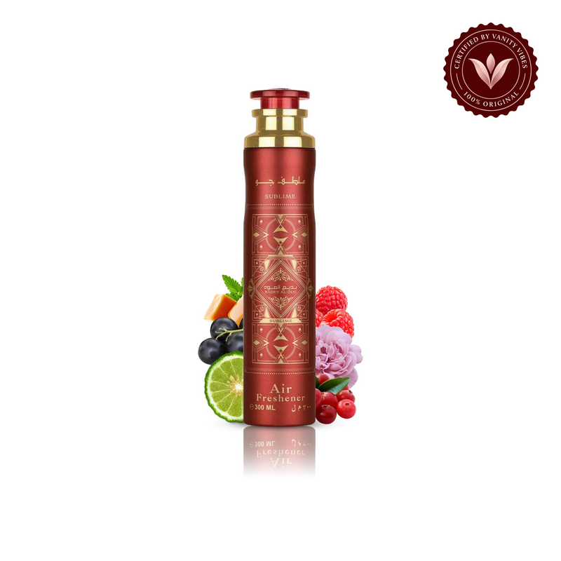 Lattafa Badee Al Oud Sublime Air Freshener 300ml - Long Lasting Luxury Oud Fruity Floral Room Spray for Home & Office — packaging and product image with Vanity Vibes badge
