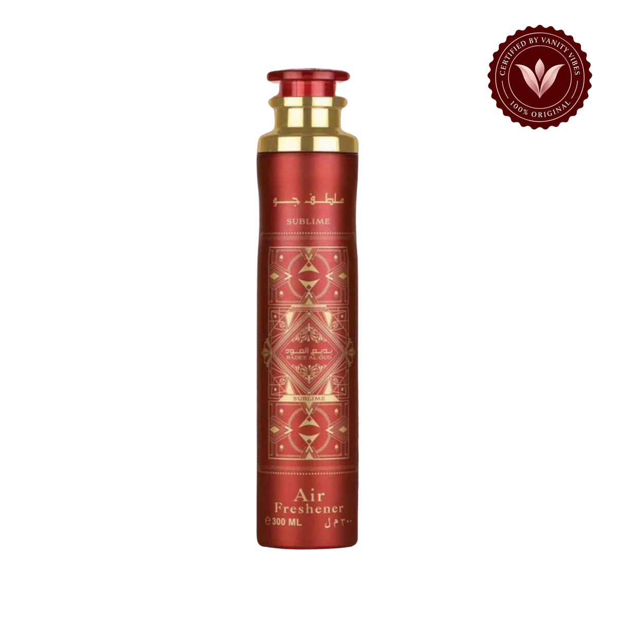 Lattafa Badee Al Oud Sublime Air Freshener 300ml - Long Lasting Luxury Oud Fruity Floral Room Spray for Home & Office — front product on white with Vanity Vibes authenticity badge