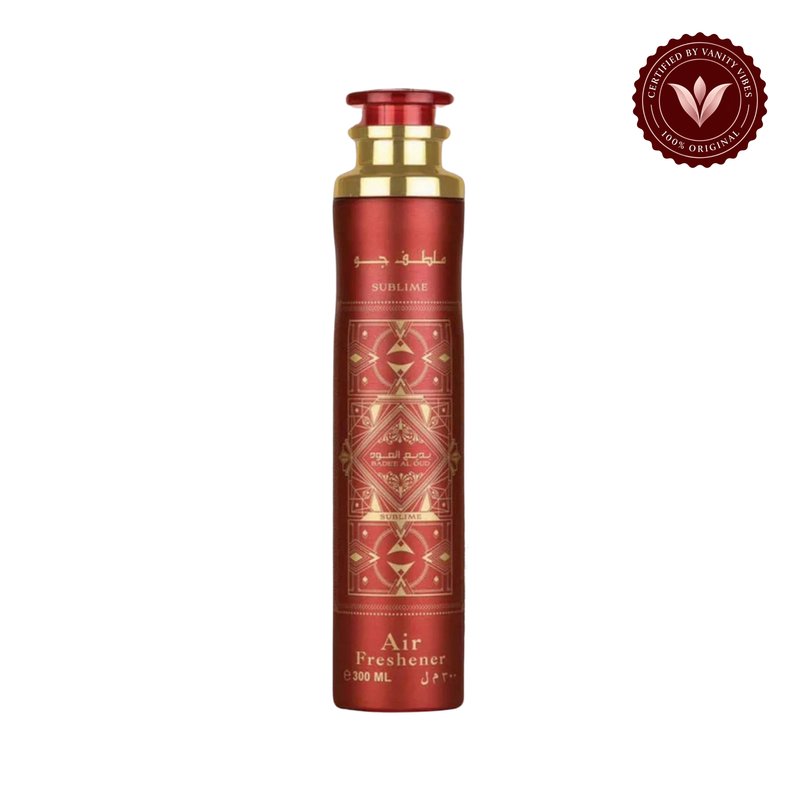 Lattafa Badee Al Oud Sublime Air Freshener 300ml - Long Lasting Luxury Oud Fruity Floral Room Spray for Home & Office — front product on white with Vanity Vibes authenticity badge
