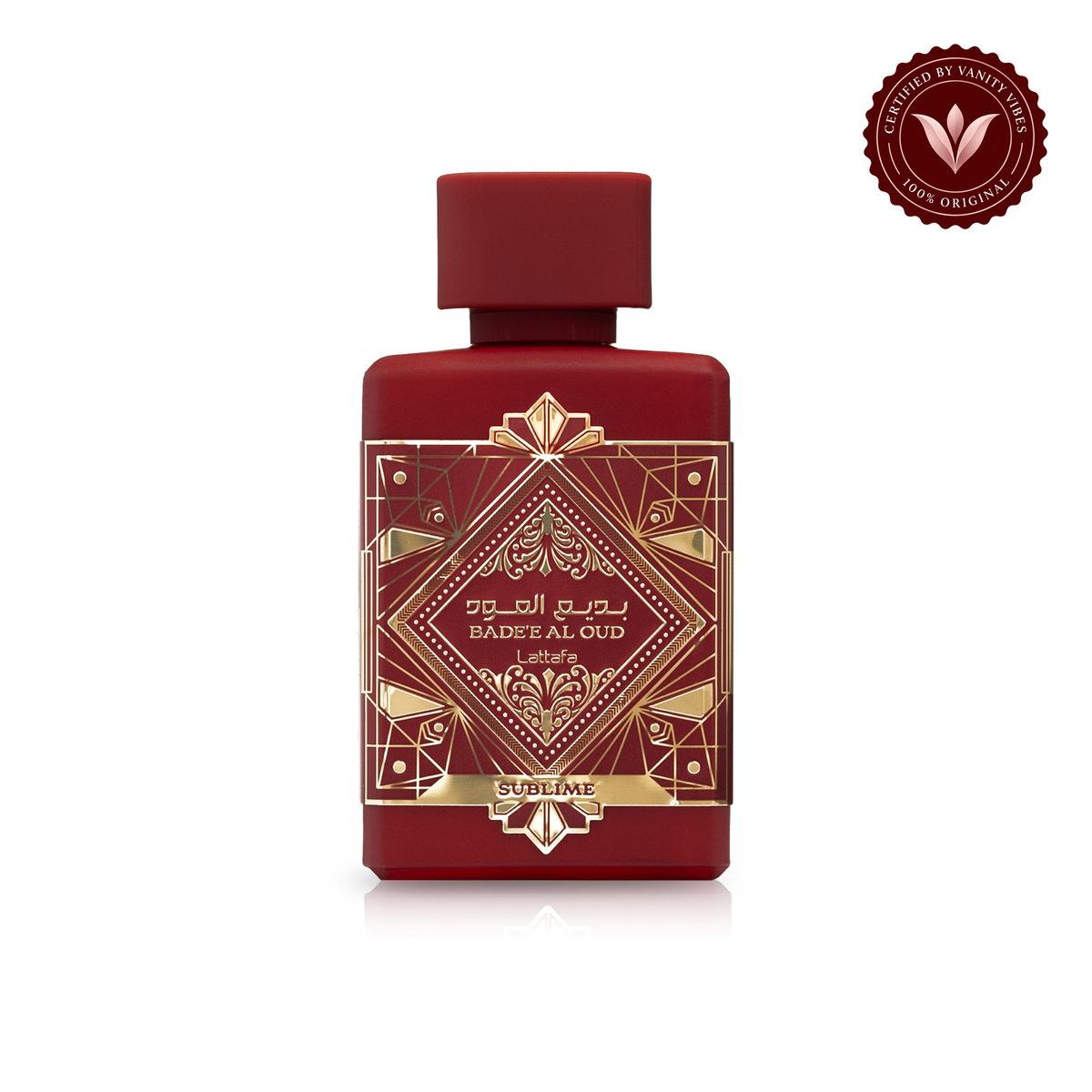 Lattafa Badee Al Oud Sublime Red Eau De Parfum Spray For Women And Men 100ml — packaging and product image with Vanity Vibes badge