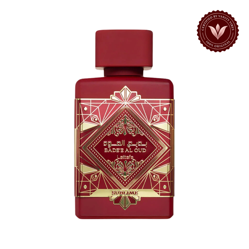 Lattafa Badee Al Oud Sublime Red Eau De Parfum Spray For Women And Men 100ml — front product on white with Vanity Vibes authenticity badge