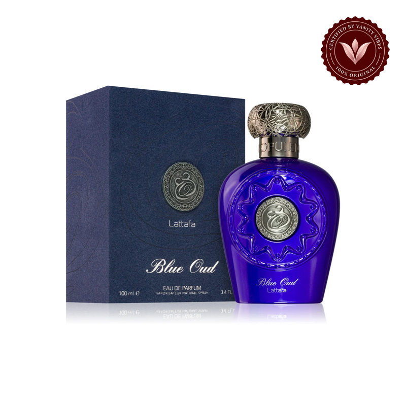 Lattafa Blue Oud Eau de Parfum For Unisex 100ml — packaging and product image with Vanity Vibes badge
