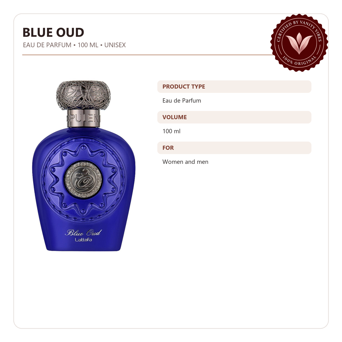 Lattafa Blue Oud Eau de Parfum For Unisex 100ml — product information image with Vanity Vibes badge