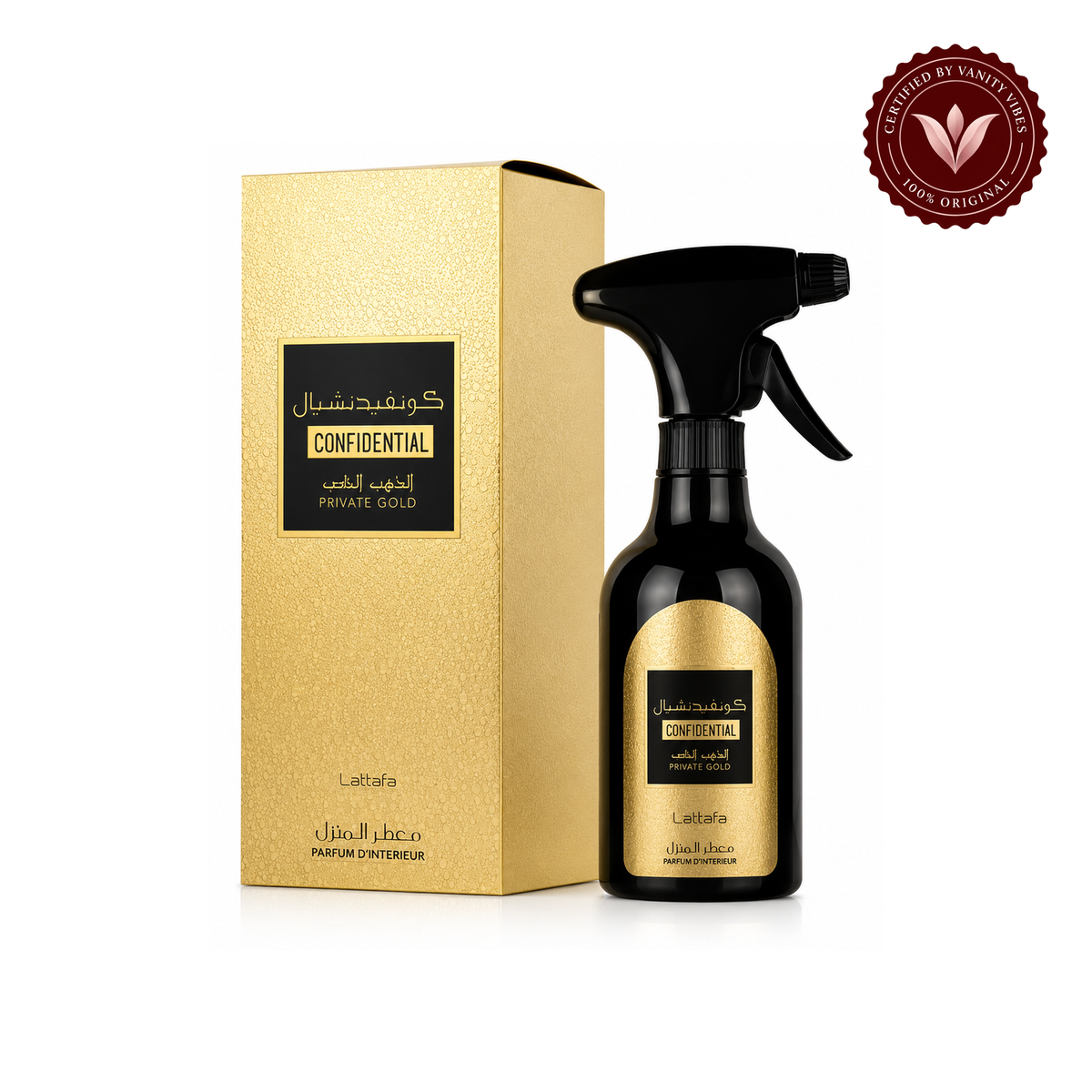 Lattafa Confidential Private Gold Air Freshener 300ml - Long Lasting Luxury Oriental Sweet Fragrance Room Spray for Home & Office — packaging and product image with Vanity Vibes badge