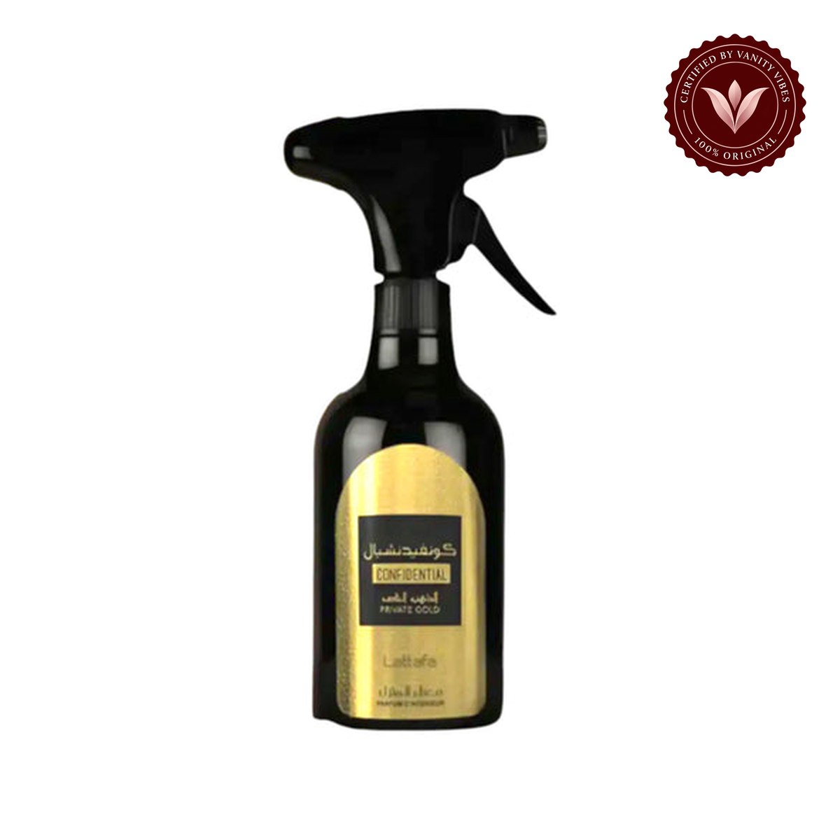 Lattafa Confidential Private Gold Air Freshener 300ml - Long Lasting Luxury Oriental Sweet Fragrance Room Spray for Home & Office — front product on white with Vanity Vibes authenticity badge