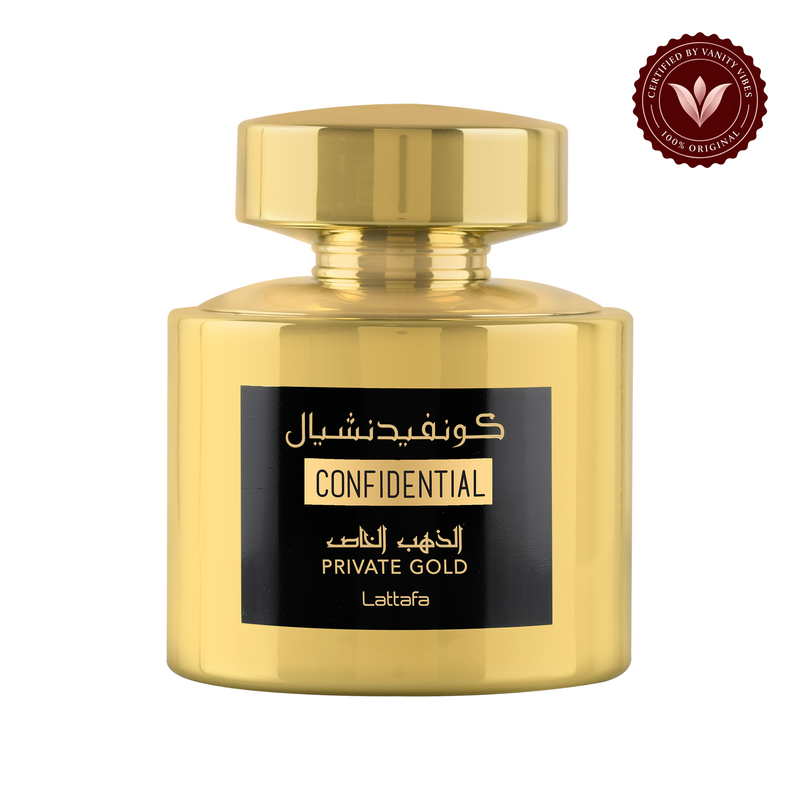 Lattafa Confidential Private Gold Eau de Parfum for Women And Men 100ml — front product on white with Vanity Vibes authenticity badge