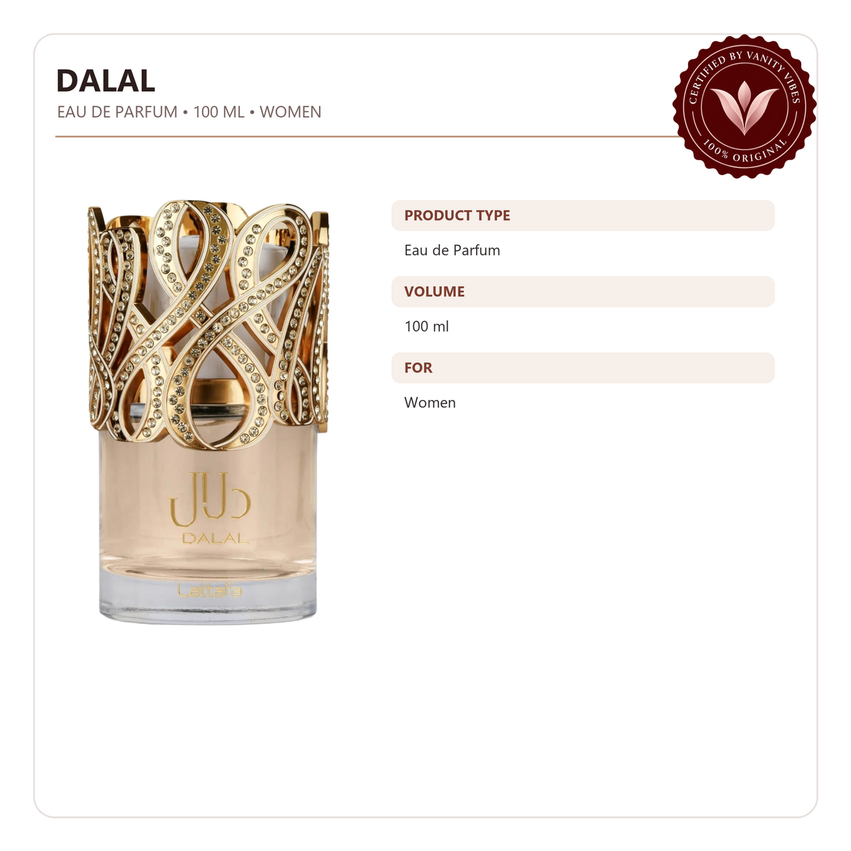 Lattafa Dalal Eau de Parfum 100ml - Long Lasting Original Elegant Floral Fragrance for Women — product information image with Vanity Vibes badge