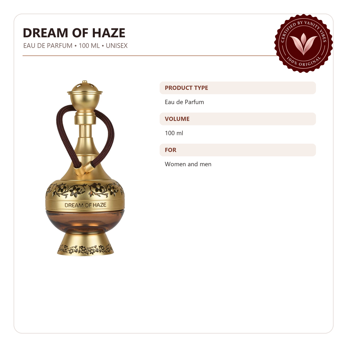 Lattafa Dream Of Haze Eau de Parfum 100ml - Long Lasting Original Luxury Unisex Fragrance for Men & Women — product information image with Vanity Vibes badge