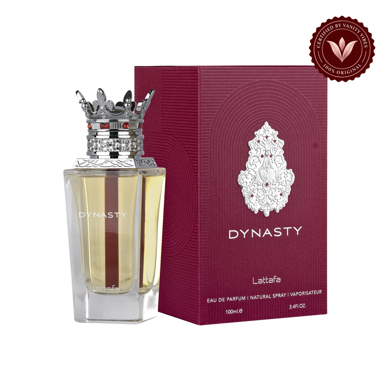 Lattafa Dynasty EDP 100ml - Long Lasting Unisex Perfume for Men & Women — packaging and product image with Vanity Vibes badge