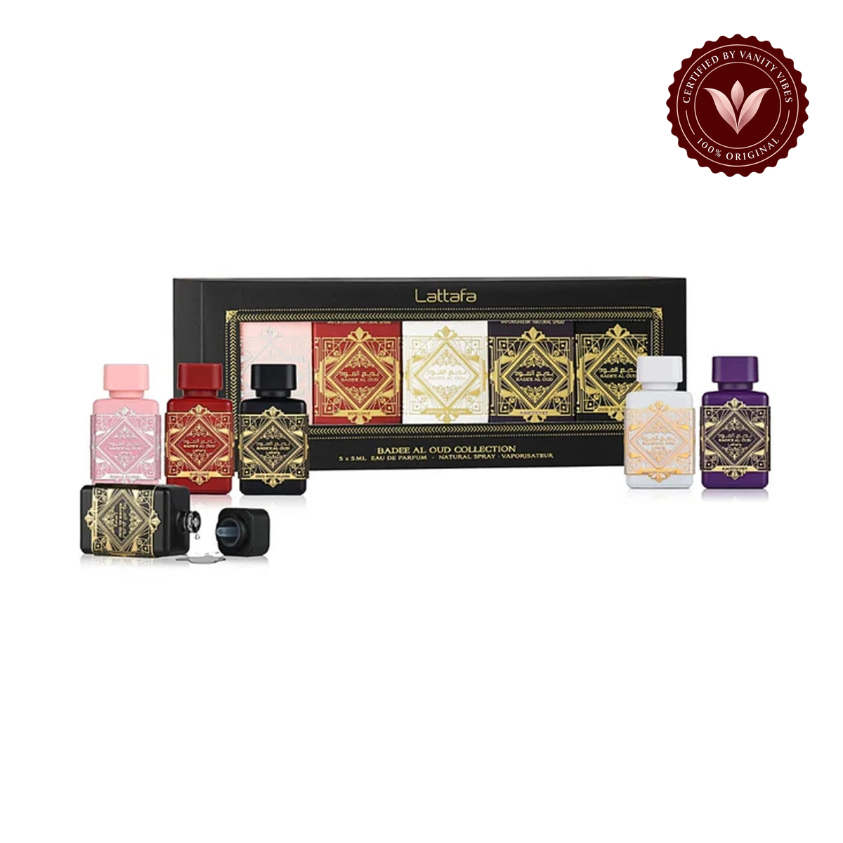 Badee Al Oud five-piece 5 ml perfume collection — alternate product view on white background