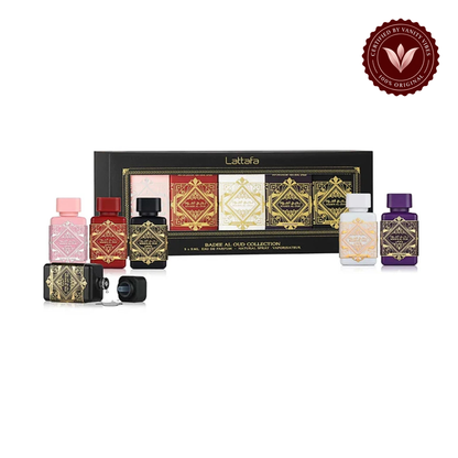 Badee Al Oud five-piece 5 ml perfume collection — alternate product view on white background