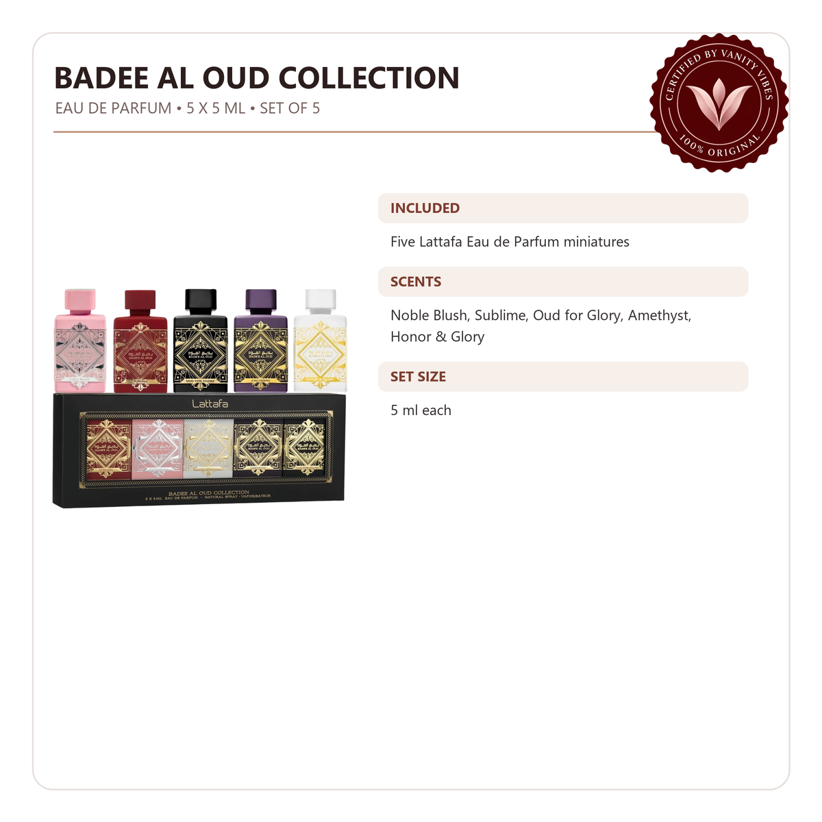 Badee Al Oud five-piece 5 ml perfume collection — product details and features