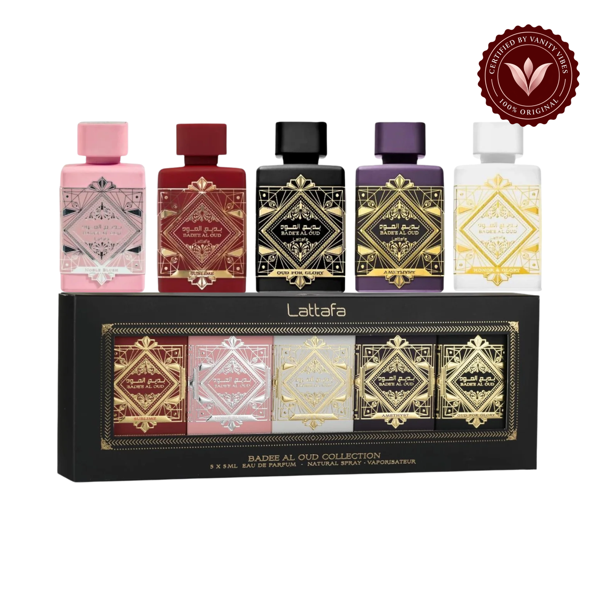 Badee Al Oud five-piece 5 ml perfume collection — centered front product image on white background