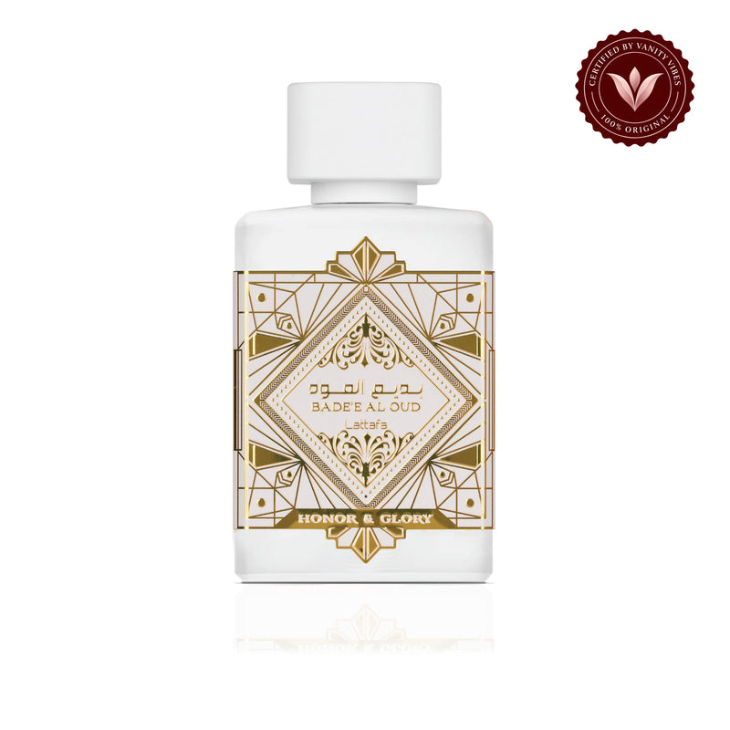 Lattafa Badee Al Oud Honor and Glory 100ml — front bottle on white with Vanity Vibes badge