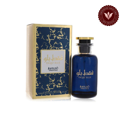 Faqat Blue bottle and matching box on white background with Vanity Vibes authenticity badge