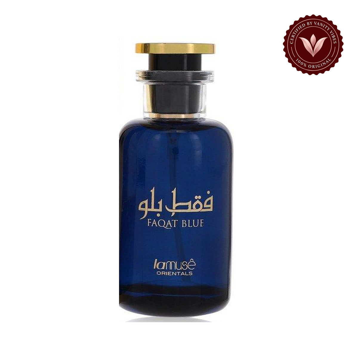 Faqat Blue Lattafa bottle on white background with Vanity Vibes authenticity badge
