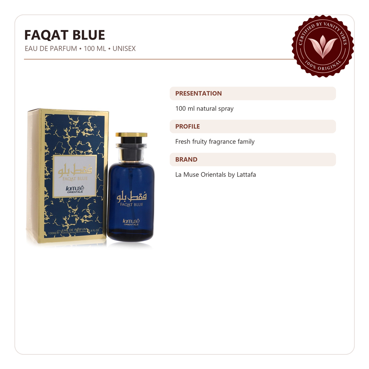 Faqat Blue Eau De Parfum Spray (100 ml ) by Lamuse Orientals (Lattafa) — product features image with authenticity badge