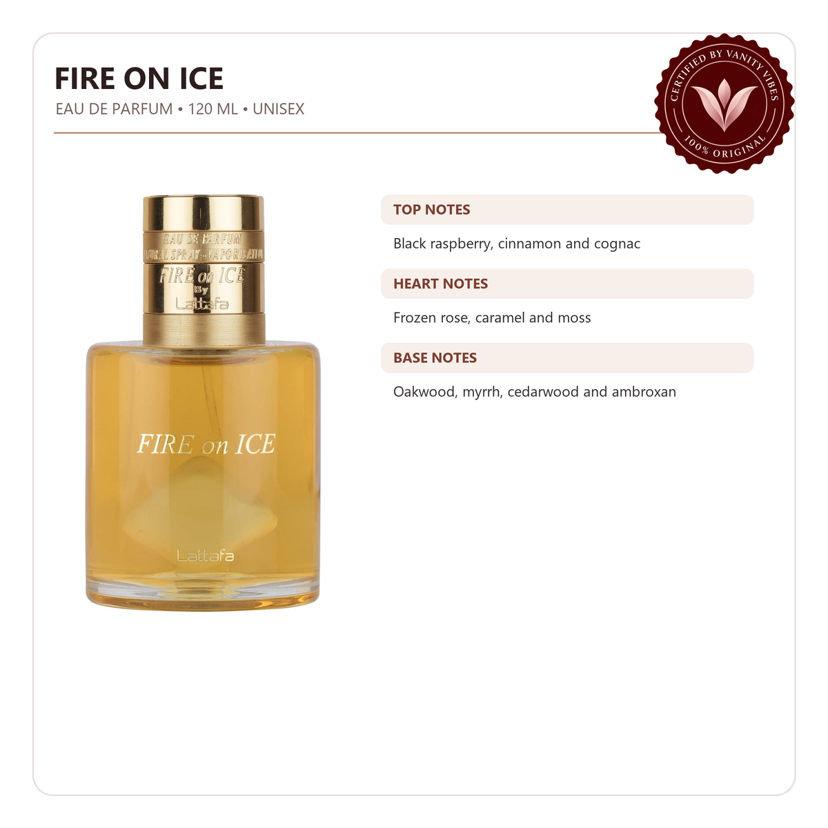 Fire On Ice by Lattafa Eau de Parfum 120ml - Long Lasting Fresh Unisex Fragrance for Men & Women — product features image with authenticity badge
