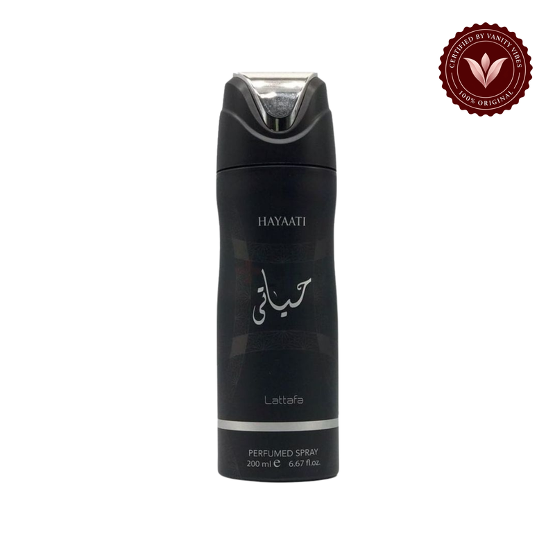 Hayaati Black by Lattafa Perfumed Body Spray 200ml — front product on white with authenticity badge