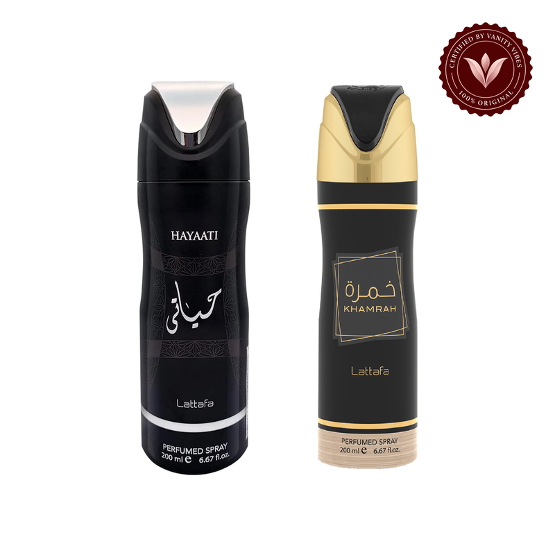 Hayaati Deodorant Spray 200ml + Khamrah Deodorant Spray 200ml by Lattafa (Pack of 2) — alternate product image with authenticity badge