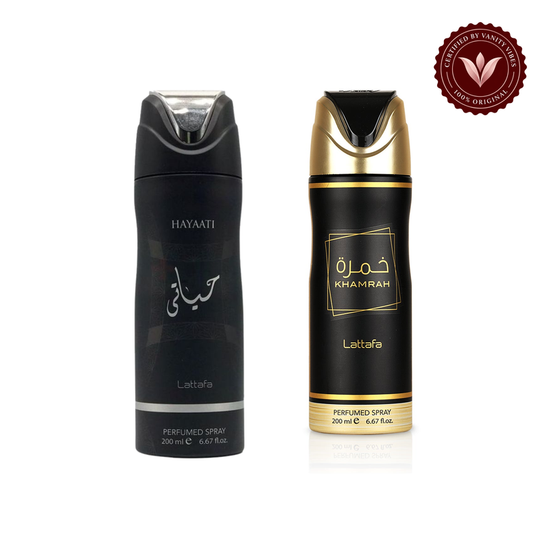 Hayaati Deodorant Spray 200ml + Khamrah Deodorant Spray 200ml by Lattafa (Pack of 2) — front product on white with authenticity badge