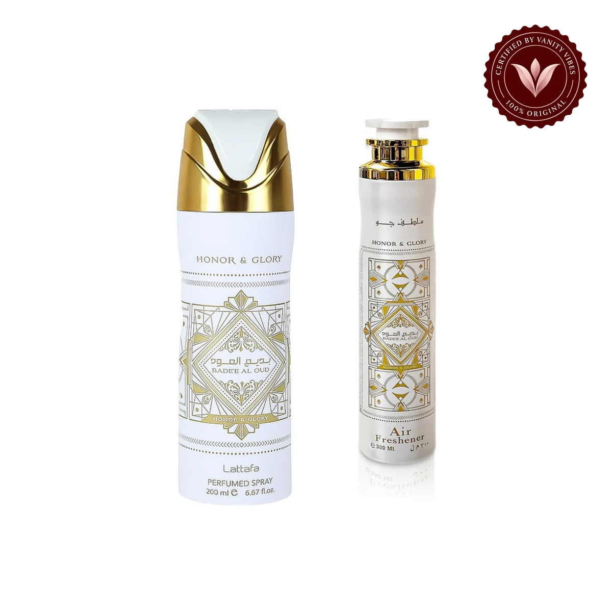 Badee Al Oud Honor & Glory deodorant and air freshener pack — centered front product image on white background