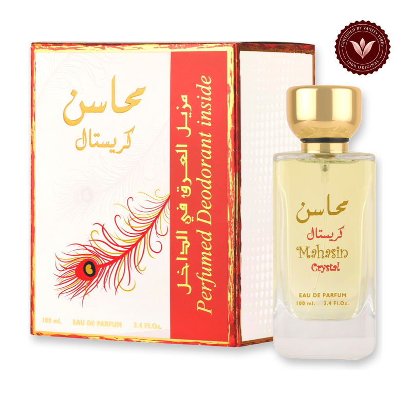 Lattafa Mahasin Crystal 100ml bottle with box on white background with Vanity Vibes badge