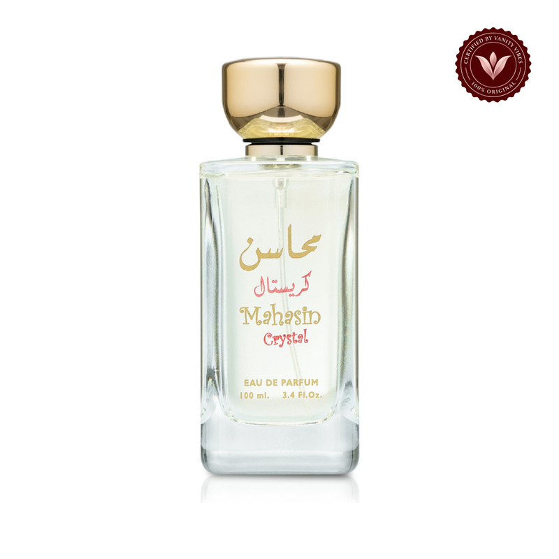 Lattafa Mahasin Crystal 100ml front bottle centered on white background with Vanity Vibes badge