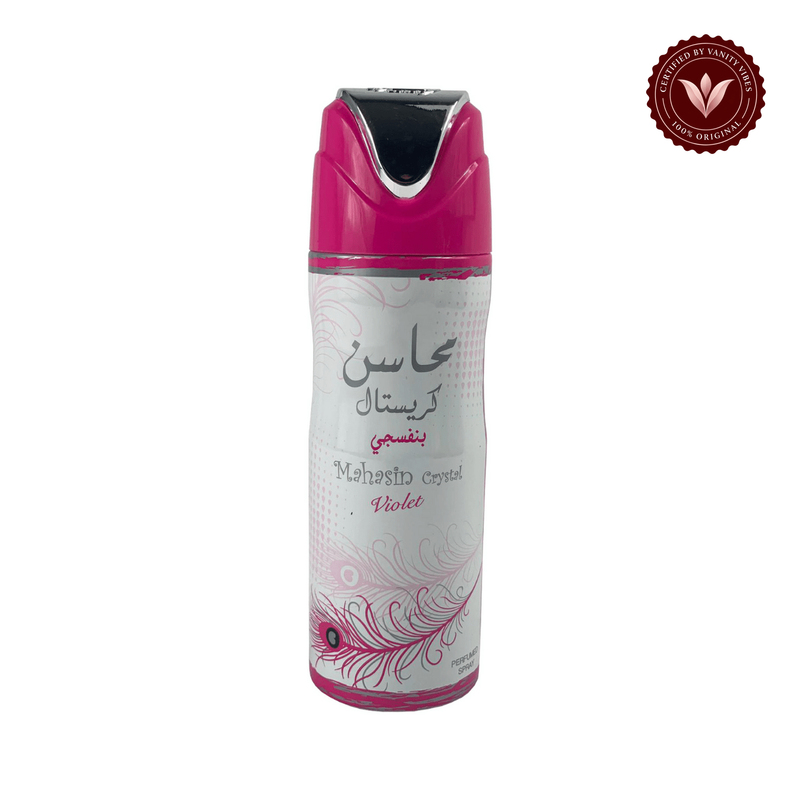 Mahasin Crystal Violet Body Spray 200ml by Lattafa — alternate product photo on white background with Vanity Vibes badge