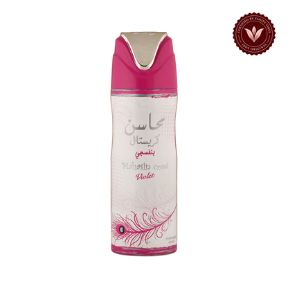 Mahasin Crystal Violet Body Spray 200ml by Lattafa — front product on white background with Vanity Vibes badge