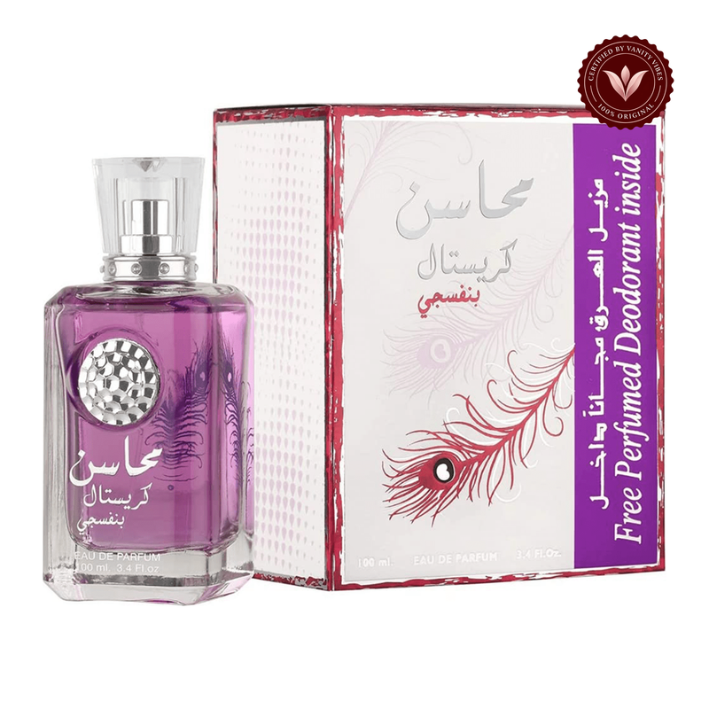 Lattafa Mahasin Crystal Violet bottle and box on white with Vanity Vibes badge