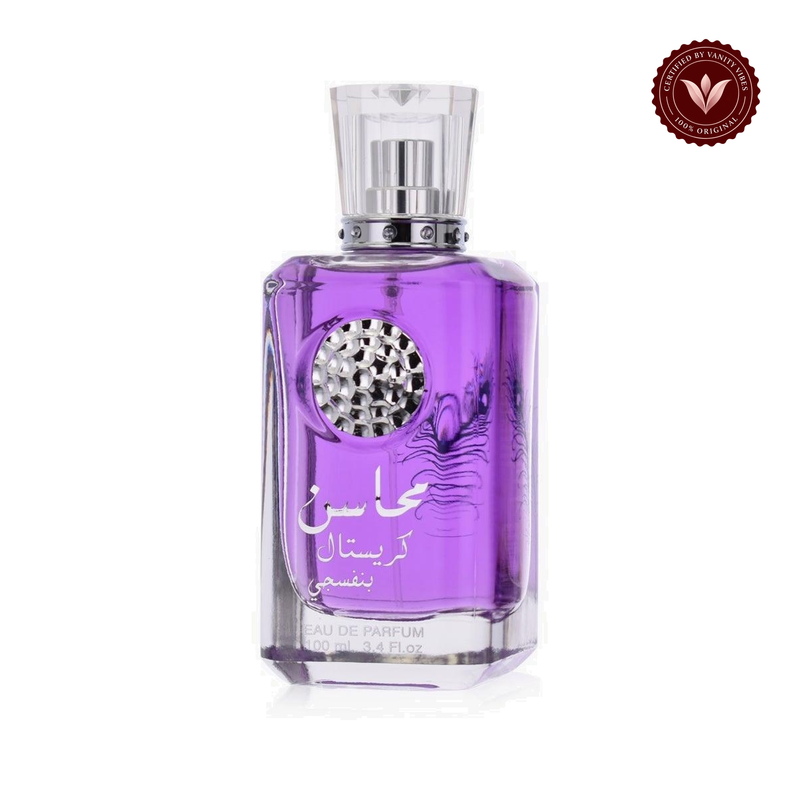 Lattafa Mahasin Crystal Violet perfume bottle centered on white with Vanity Vibes badge