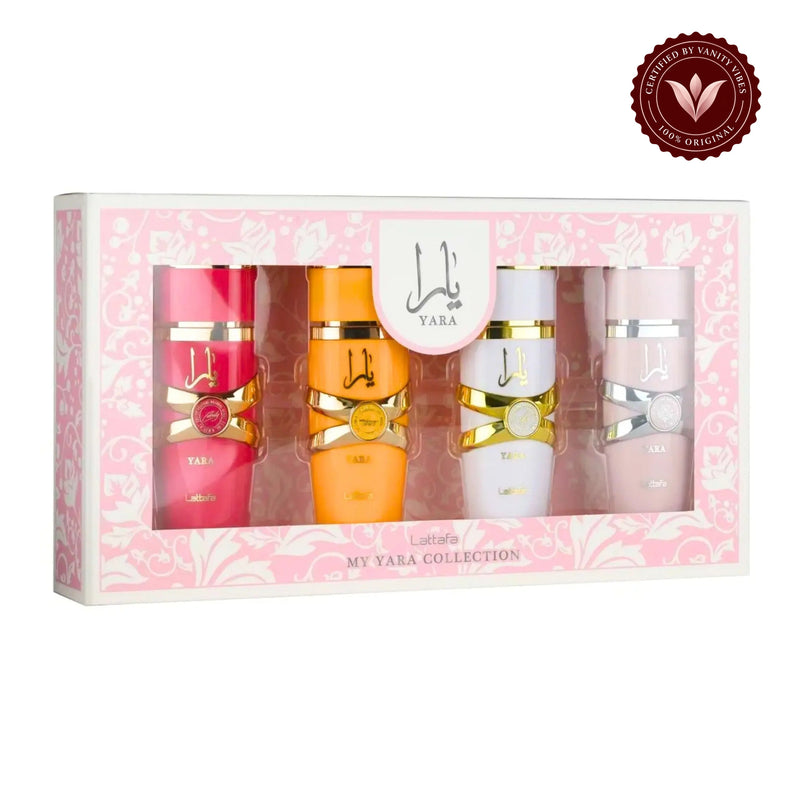 Lattafa My Yara Collection 4 piece gift set — on white with Vanity Vibes badge