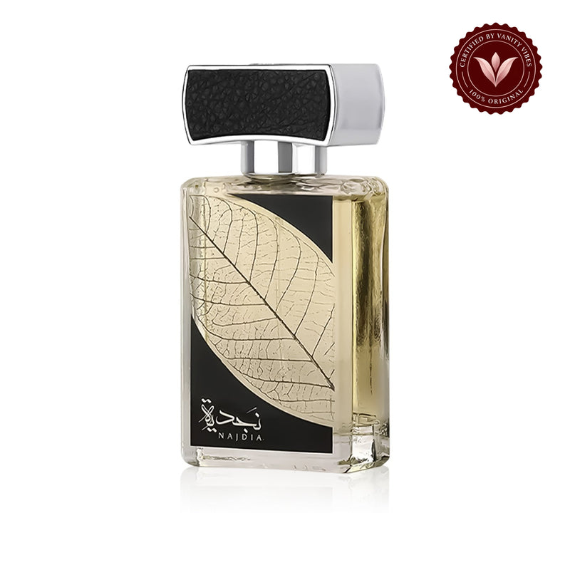 Najdia Eau De Parfum Spray (30ml) by Lattafa — front bottle on white background with Vanity Vibes badge