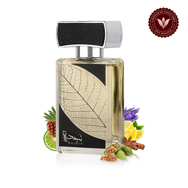 Najdia Eau De Parfum Spray (30ml) by Lattafa — bottle with fragrance ingredients on white background and Vanity Vibes badge