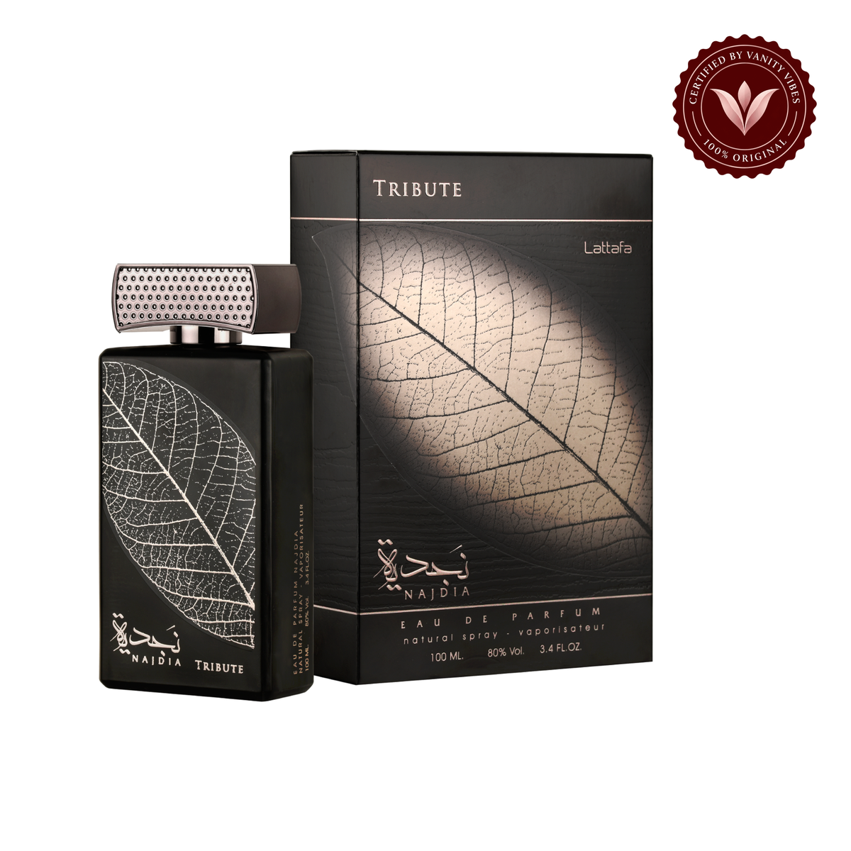 Lattafa Najdia Tribute perfume bottle with matching box