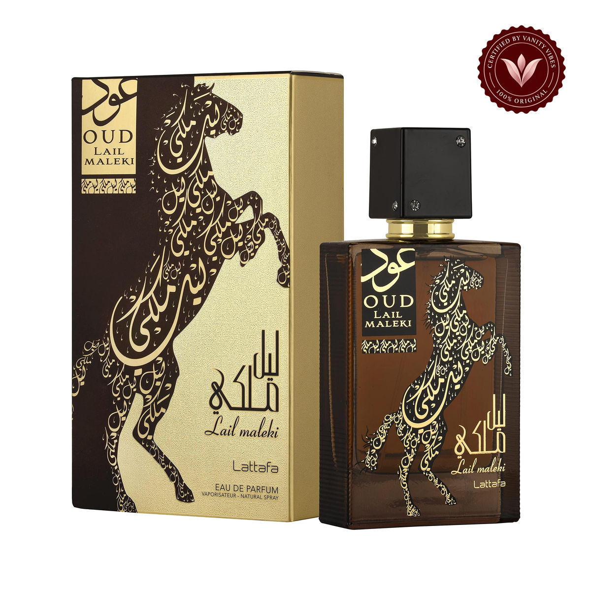Lattafa Oud Lail Maleki EDP 100ml bottle and box on white with Vanity Vibes badge