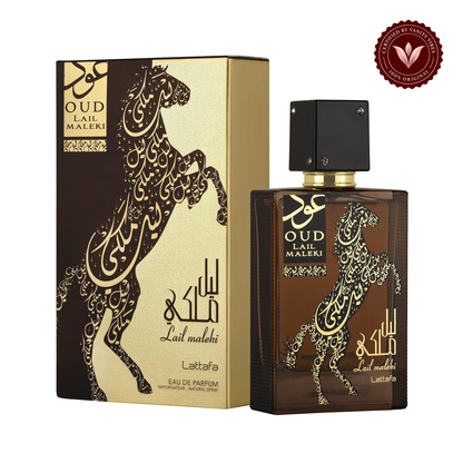 Lattafa Oud Lail Maleki EDP 100ml bottle and box on white with Vanity Vibes badge