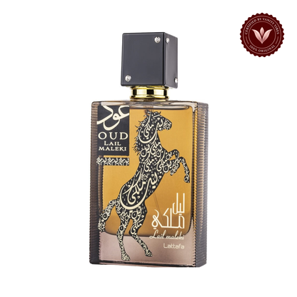 Lattafa Oud Lail Maleki EDP 100ml perfume bottle on white with Vanity Vibes badge