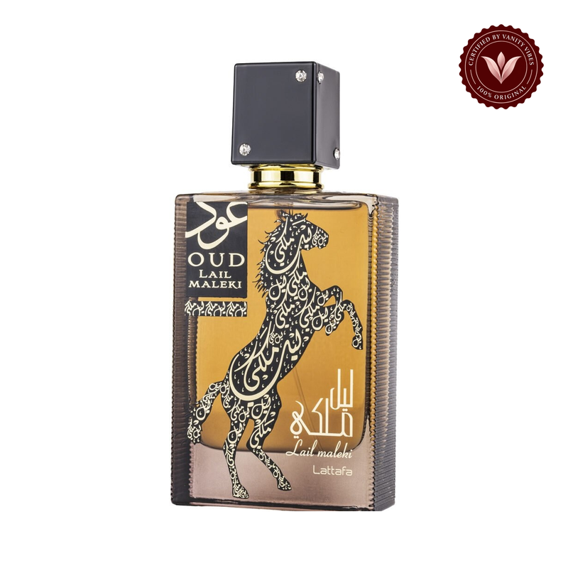 Lattafa Oud Lail Maleki EDP 100ml perfume bottle on white with Vanity Vibes badge