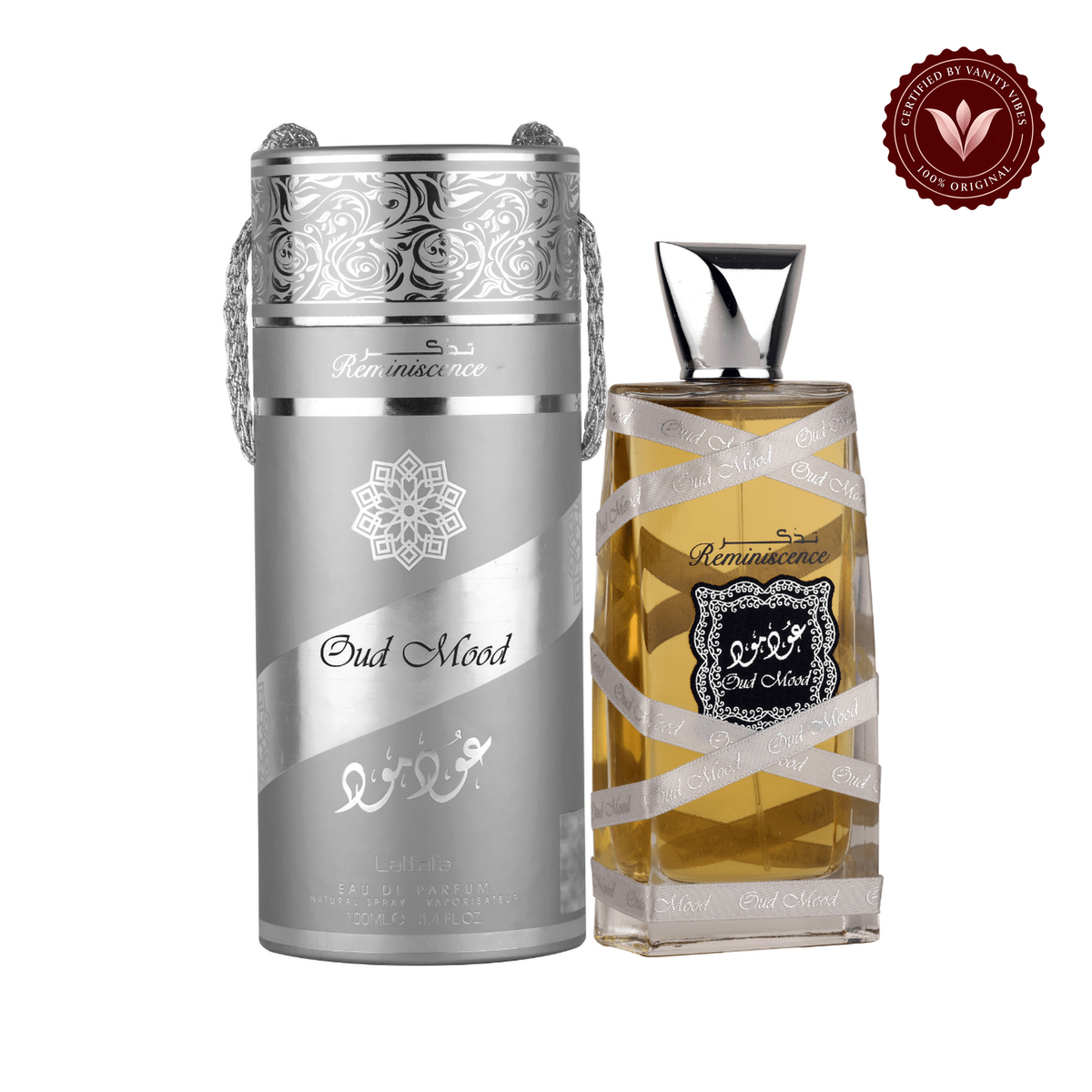 Lattafa Oud Mood Silver Reminiscence EDP 100ml bottle and canister on white with Vanity Vibes badge