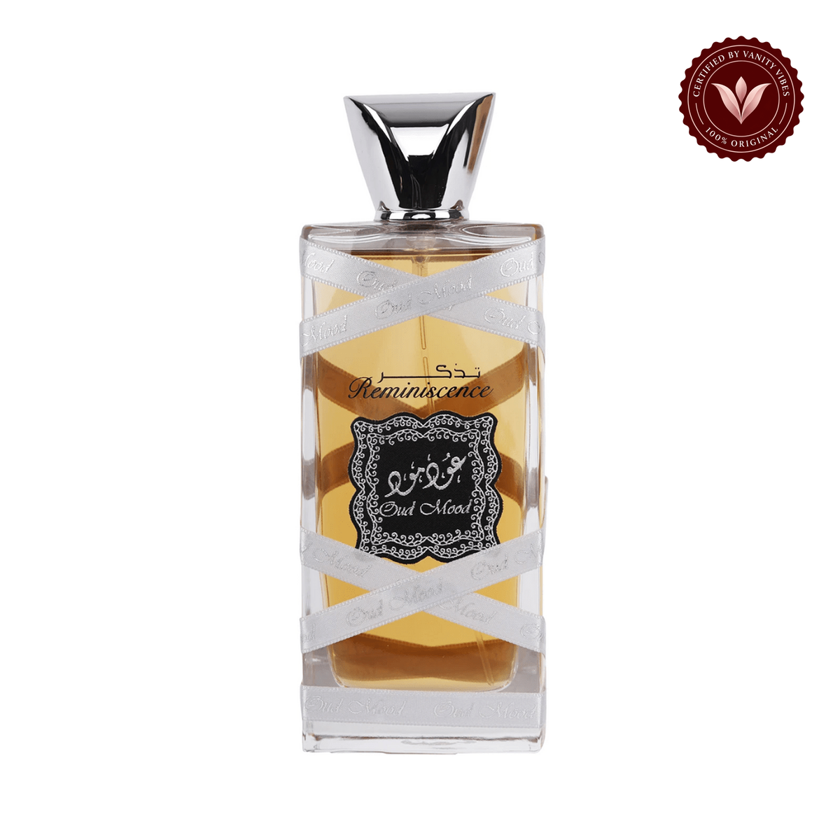 Lattafa Oud Mood Silver Reminiscence EDP 100ml perfume bottle on white with Vanity Vibes badge