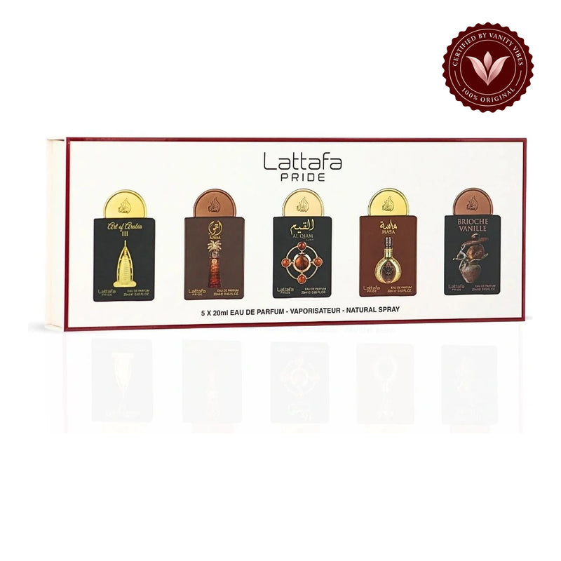 Lattafa Pride Collection No.4 gift set — on white with Vanity Vibes badge