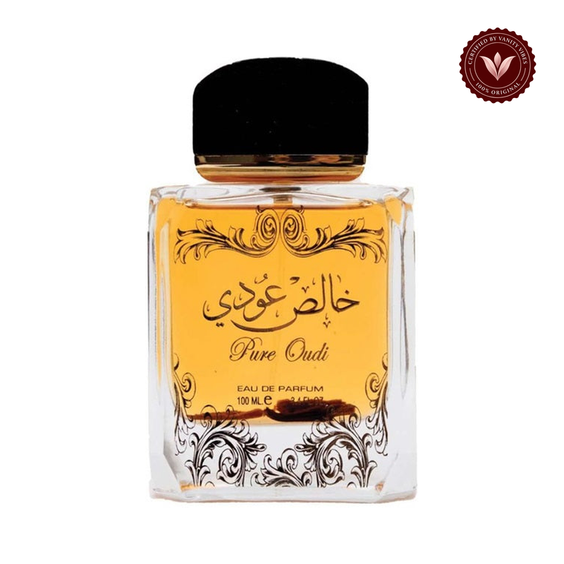 Lattafa Pure Oudi 100ml EDP single bottle on white background with Vanity Vibes originality badge